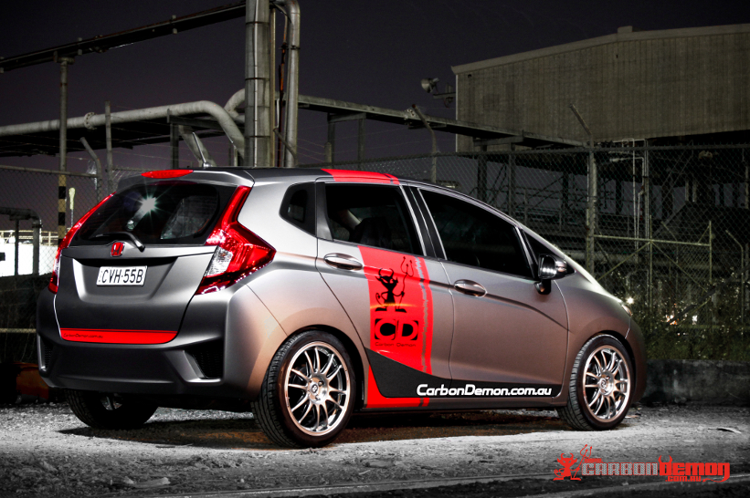 Honda Jazz modified with matte vinyl wrap  Carbon Demon 2